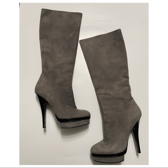 Yves Saint Laurent Platform Grey Suede Knee Boots - Picture 3 of 16